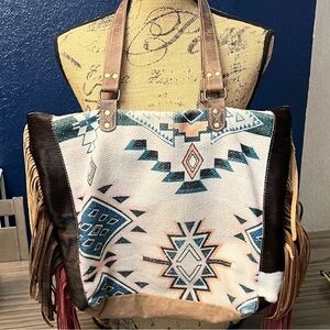 BOHEMIAN HOPOFLY CANVAS FUR LEATHER FRINGE LARGE TOTE BAG